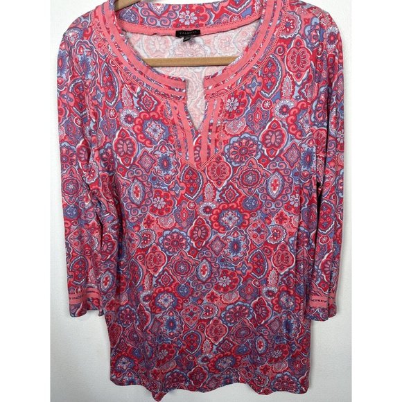 Talbots Large Womens Tunic Top Pink Colorful 3/4 Sleeve Cotton Modal Split VNeck - Picture 4 of 9